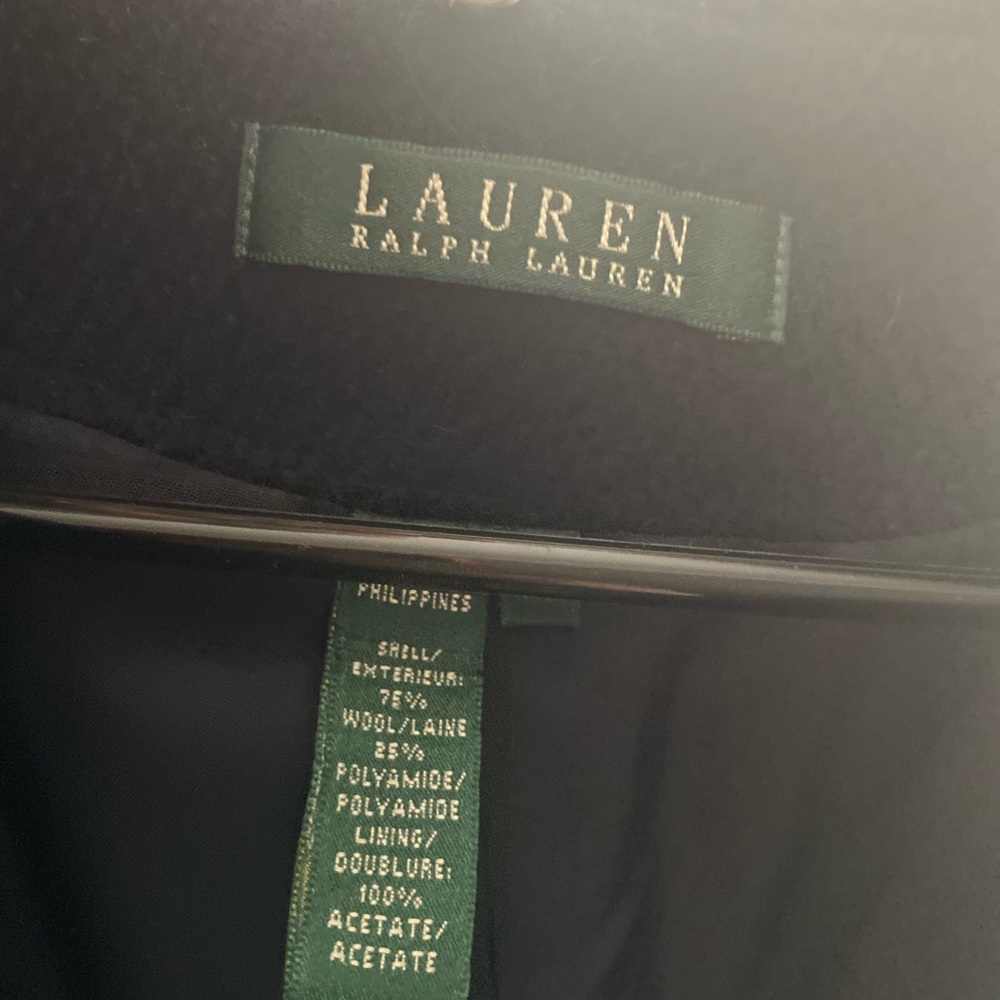 Ralph Lauren wool jacket. Runs small. Size 16; I am a size 5.  Fits like medium.
